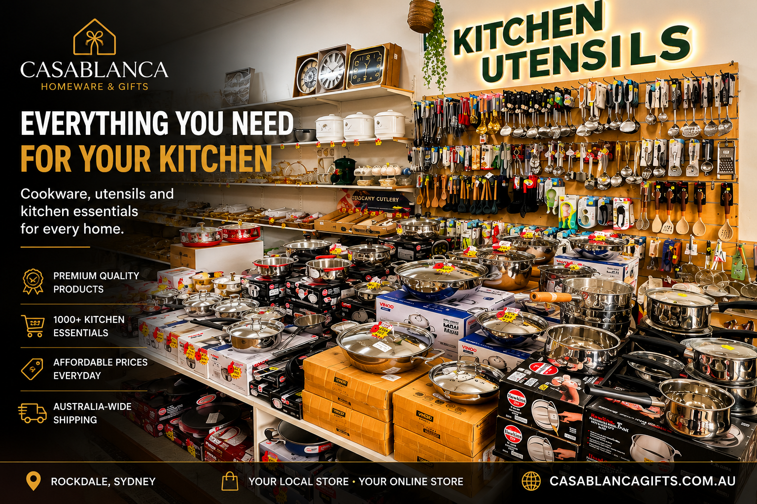 Shivam Dhingra, Kitchenware, cookware and homeware display inside Casablanca Homeware & Gifts in Rockdale Sydney, serving customers Australia-wide with quality kitchen essentials, cookware, gifts and homewares.