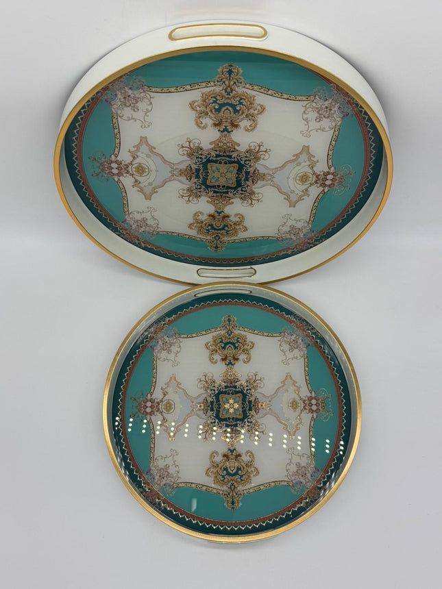 Luxury Round Serving Tray Set 2 Piece | Decorative Gold Trim Trays