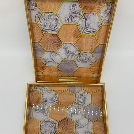Luxury Decorative Serving Tray Set 2 Piece | Gold Trim Serving Trays