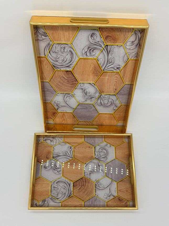 Luxury Decorative Serving Tray Set 2 Piece | Gold Trim Serving Trays