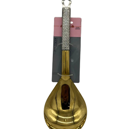 Gold ladle with a textured handle on a white background