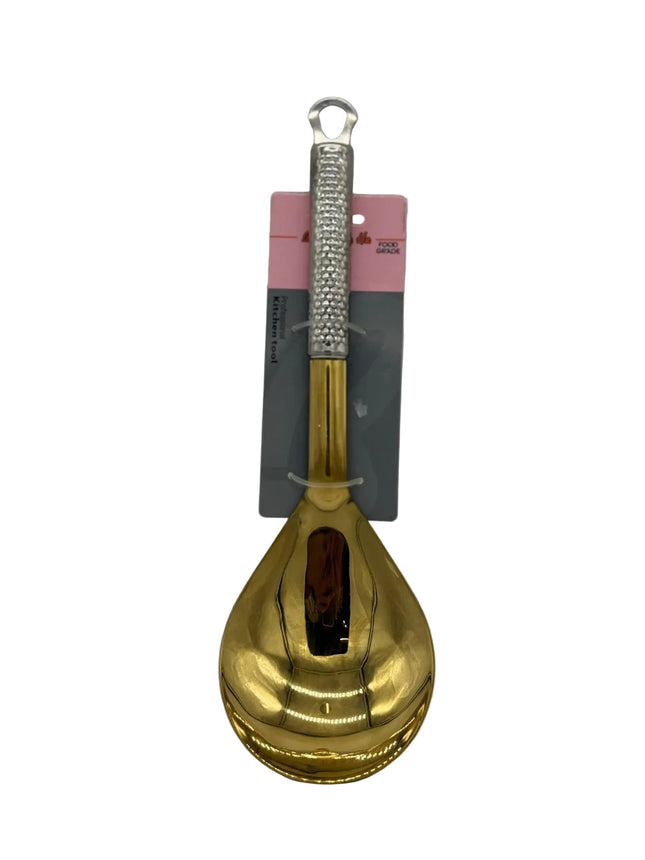 Gold ladle with a textured handle on a white background