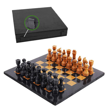 38cm black and golden marble chess set with storage case