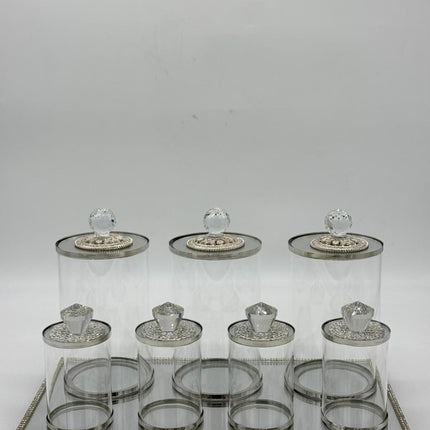 Luxury 7 Piece Glass Kitchen Canister Set with Silver Tray & Crystal Lids