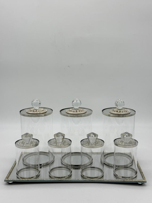 Luxury 7 Piece Glass Kitchen Canister Set with Silver Tray & Crystal Lids
