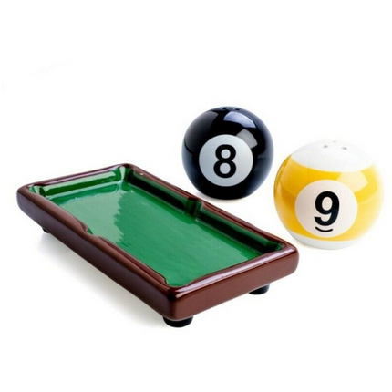 Billiard Pool Ball Salt & Pepper Shakers Set with Mini Pool Table