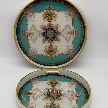 Luxury Round Serving Tray Set 2 Piece | Decorative Gold Trim Trays
