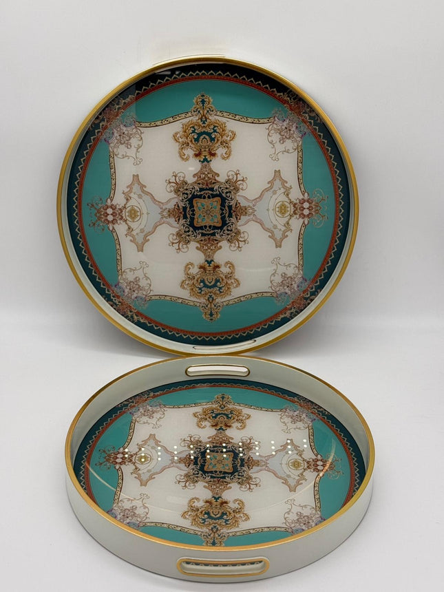 Luxury Round Serving Tray Set 2 Piece | Decorative Gold Trim Trays