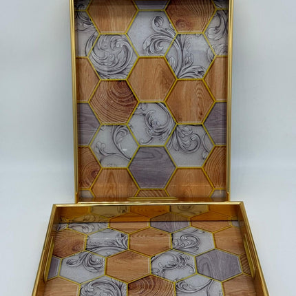 Luxury Decorative Serving Tray Set 2 Piece | Gold Trim Serving Trays