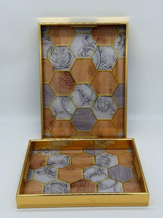Luxury Decorative Serving Tray Set 2 Piece | Gold Trim Serving Trays