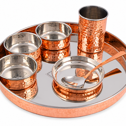 7pc Copper Steel Thali Set – Hammered Copper Finish Indian Dinner Plate Set