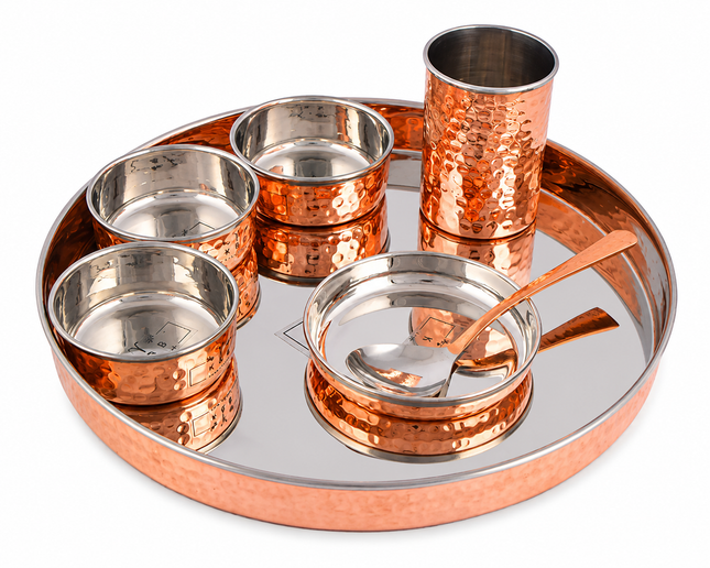 7pc Copper Steel Thali Set – Hammered Copper Finish Indian Dinner Plate Set
