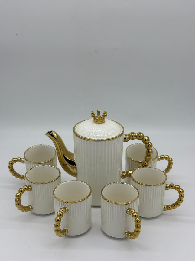Luxury White & Gold Tea Set with Teapot, Cups & Tray | Elegant Ceramic Tea Set
