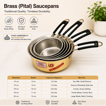 Handmade Brass (Pital) Saucepans with Lid | Traditional Gas Stove Cookware