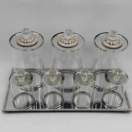 Luxury 7 Piece Glass Kitchen Canister Set with Silver Tray & Crystal Lids