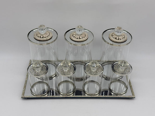 Luxury 7 Piece Glass Kitchen Canister Set with Silver Tray & Crystal Lids