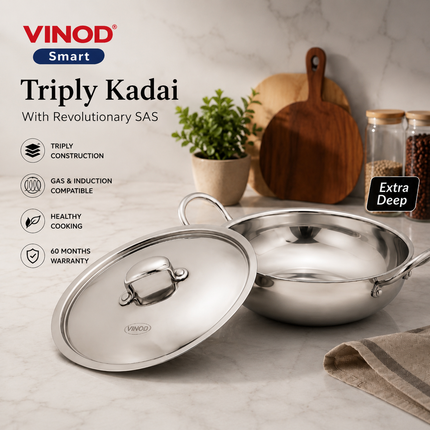 Vinod Triply Stainless Steel Kadahi with Lid (18–36cm) – Induction Ready