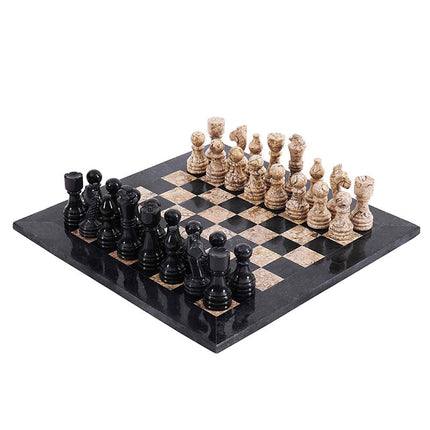 38cm Black & Coral Marble Chess Set – Handmade Natural Stone Chess Board with Standard Storage Case