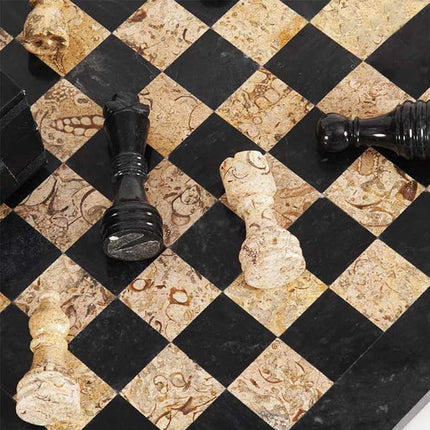38cm Black & Coral Marble Chess Set – Handmade Natural Stone Chess Board with Standard Storage Case