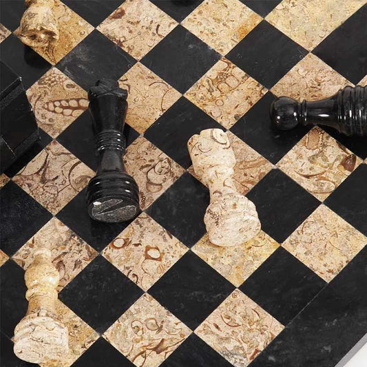 38cm Black & Coral Marble Chess Set – Handmade Natural Stone Chess Board with Standard Storage Case