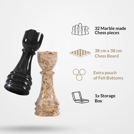 38cm Black & Coral Marble Chess Set – Handmade Natural Stone Chess Board with Standard Storage Case