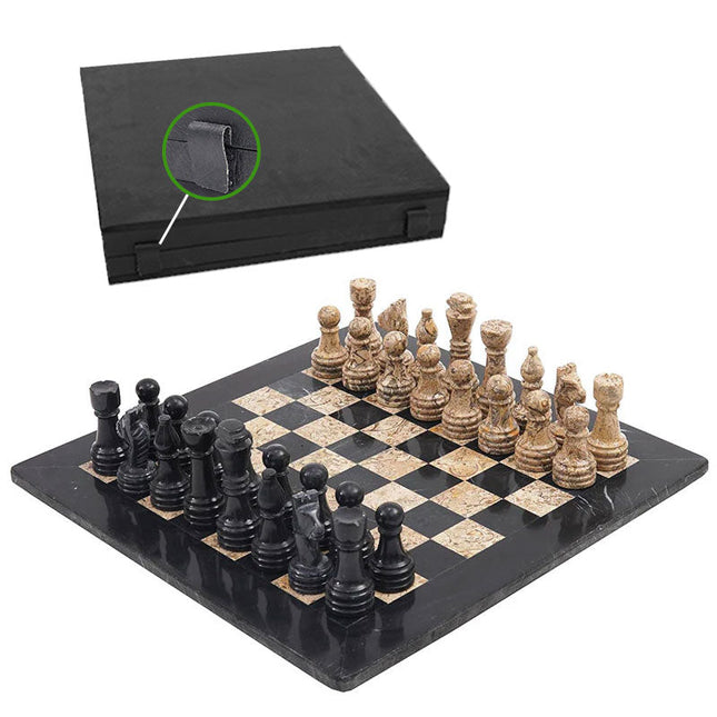 38cm Black & Coral Marble Chess Set – Handmade Natural Stone Chess Board with Standard Storage Case