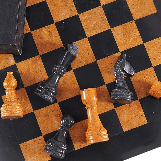 Handmade natural stone marble chess board with black and golden pieces