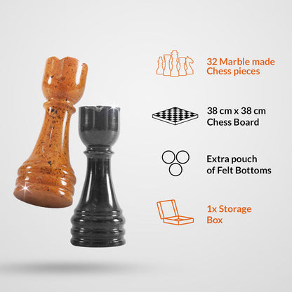 Marble chess pieces with chess board dimensions and accessories on a white background