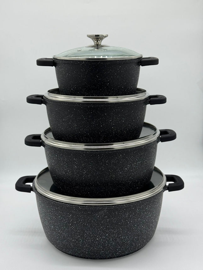 JANA Granite Non Stick Casserole Set 4 Piece | Induction Cookware with Glass Lids