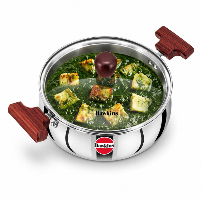 Hawkins stainless steel triply handi for curries biryani and dal.
Hawkins 5L handi pot with glass lid and side wooden handles.