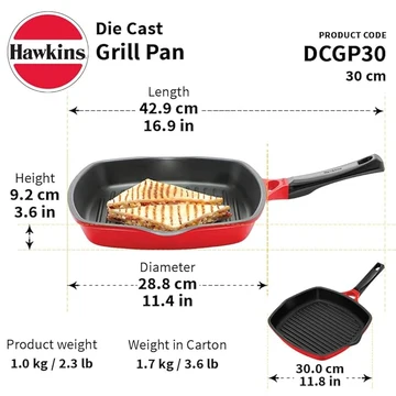 A product information graphic for a Hawkins Die Cast Grill Pan, model DCGP30. The main image shows the red and black grill pan with grilled sandwich halves inside, along with dimension lines indicating length, height, and diameter.