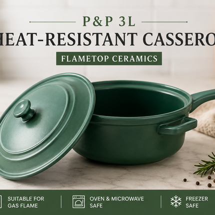 P&P 3L heat-resistant green ceramic casserole pot with lid suitable for gas flame oven microwave and freezer