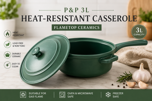 P&P 3L heat-resistant green ceramic casserole pot with lid suitable for gas flame oven microwave and freezer