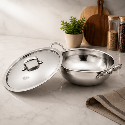 Vinod Triply Stainless Steel Kadahi with Lid (18–36cm) – Induction Ready