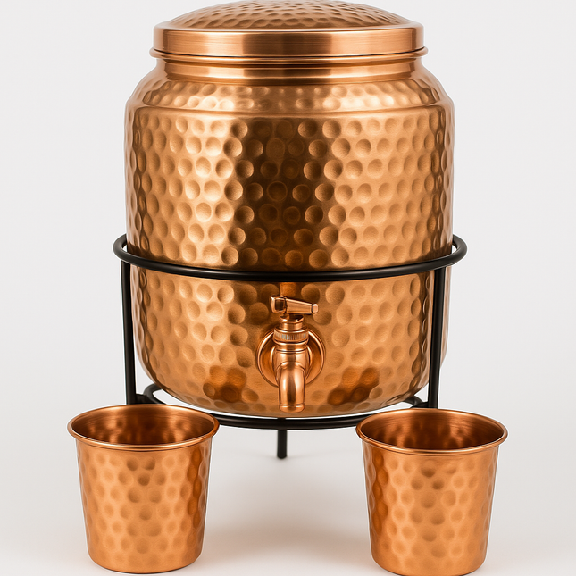 Pure Copper Water Dispenser 5L – Hammered Finish with Tap, Stand & 2 Cups