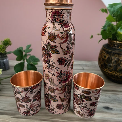 Pure Copper Water Bottle 1L with 2 Cups – Floral Printed Copper Set