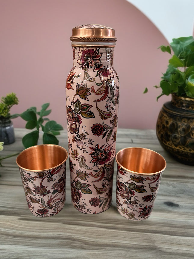 Pure Copper Water Bottle 1L with 2 Cups – Floral Printed Copper Set