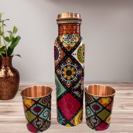 Pure Copper Water Bottle 1L with 2 Cups – Colourful Handcrafted Design