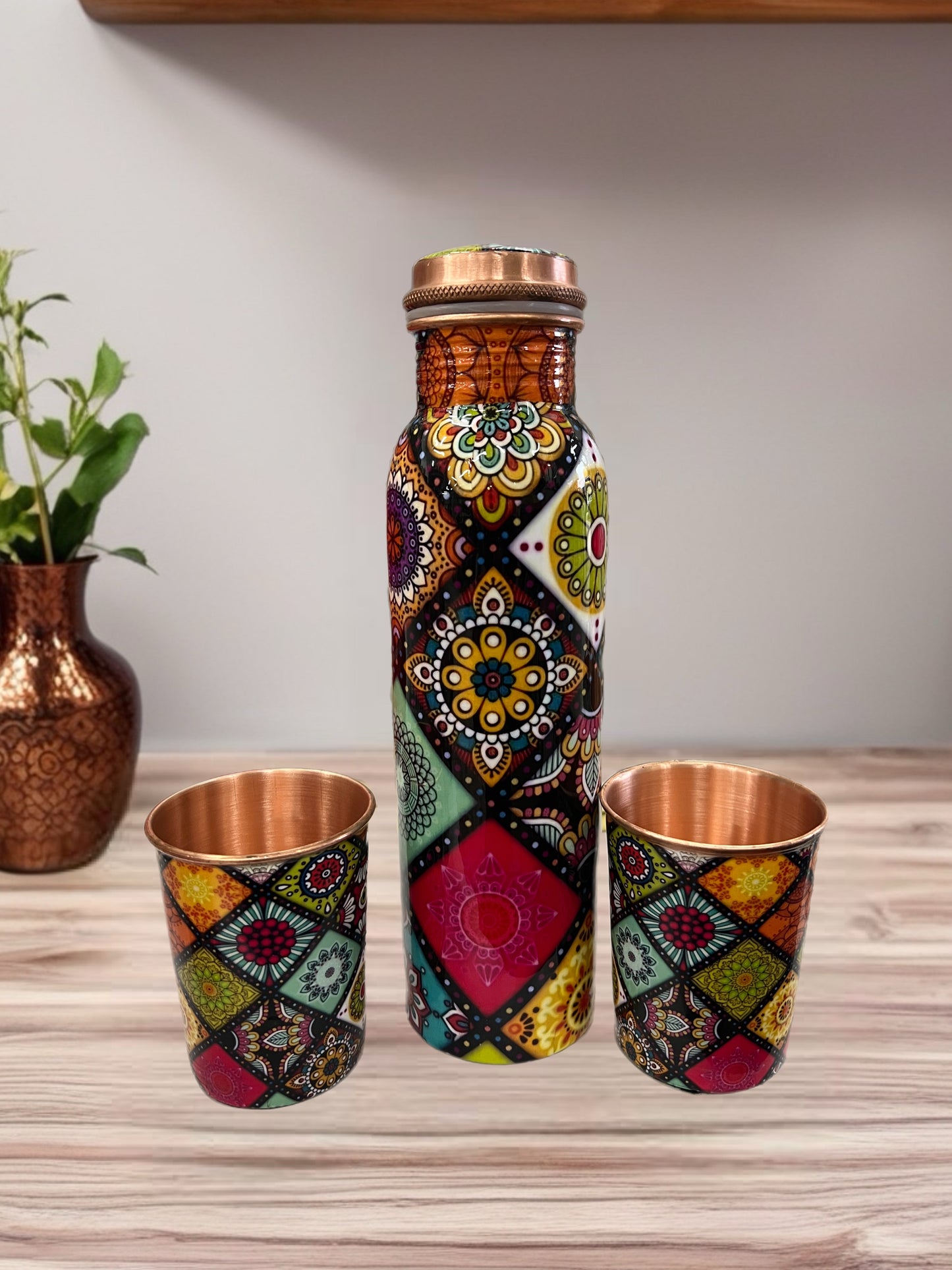 Pure Copper Water Bottle 1L with 2 Cups – Colourful Handcrafted Design