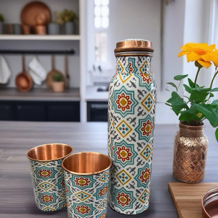 Pure Copper Water Bottle 1L with 2 Cups – Traditional Pattern Design