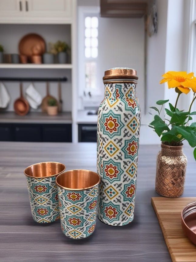 Pure Copper Water Bottle 1L with 2 Cups – Traditional Pattern Design