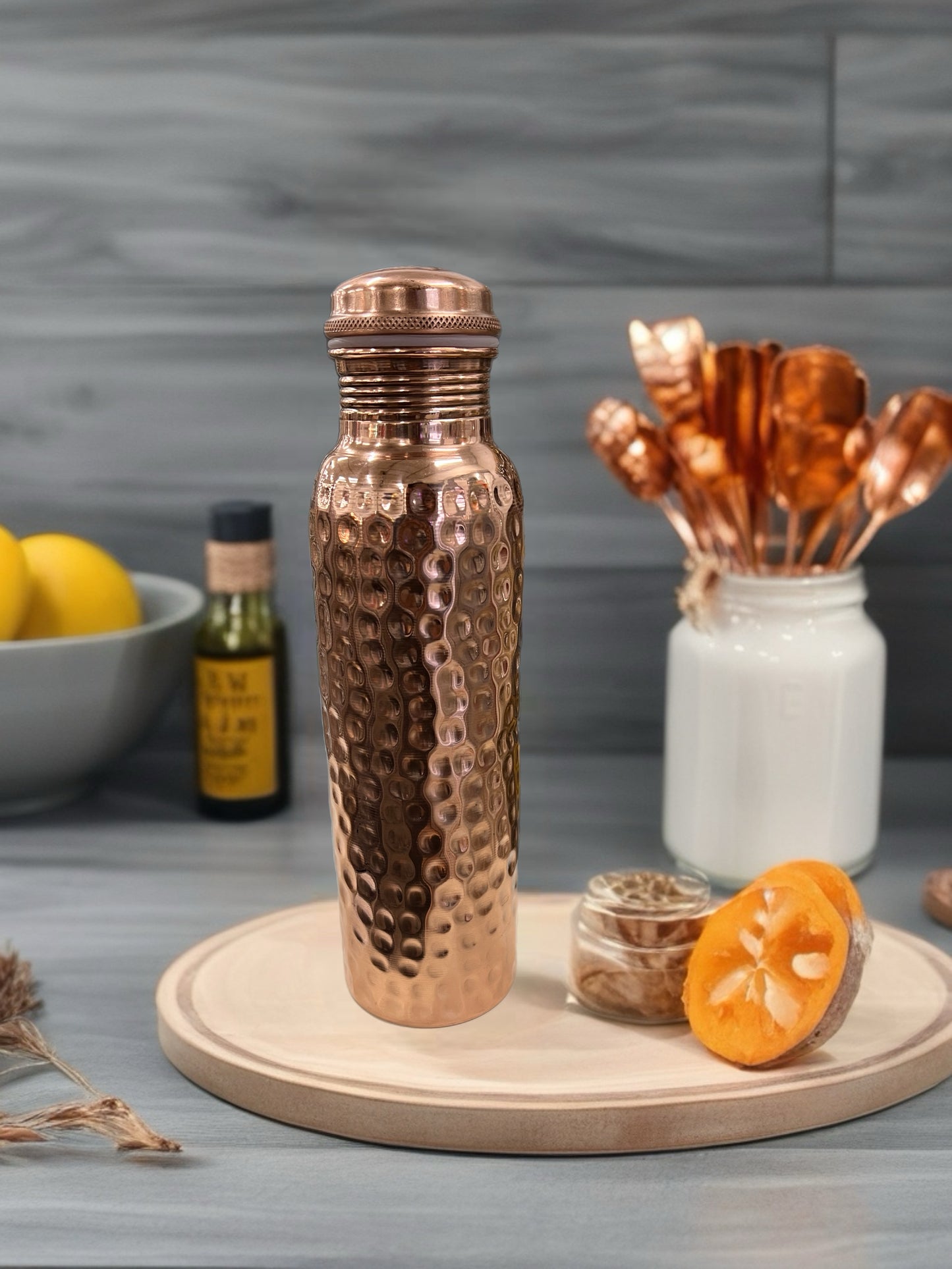 Hammered Pure Copper Water Bottle 1L – Leakproof Reusable Drink Bottle