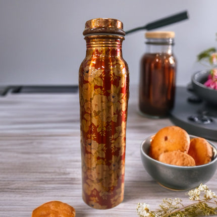 Printed Pure Copper Water Bottle 1L – Floral Design Reusable Drink Bottle