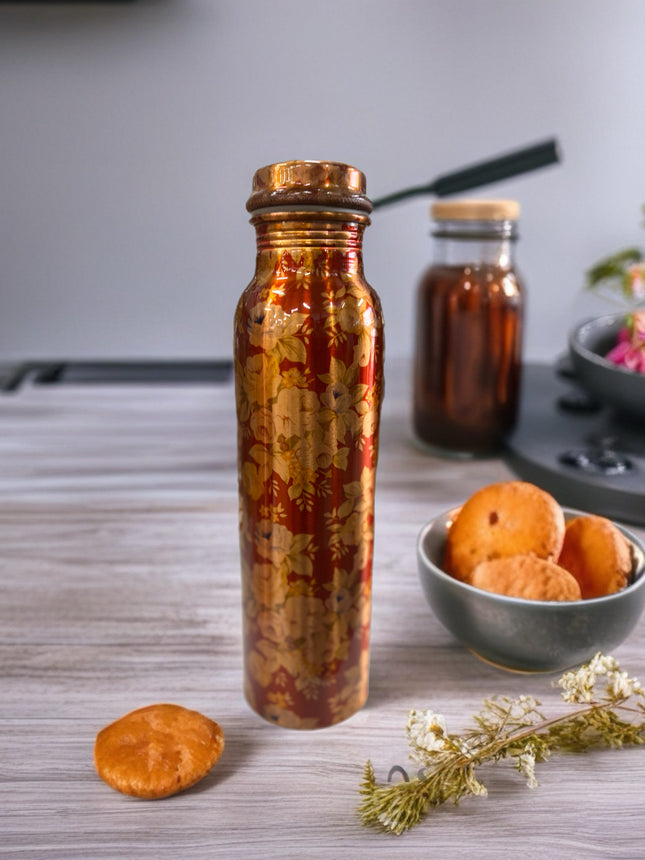 Printed Pure Copper Water Bottle 1L – Floral Design Reusable Drink Bottle