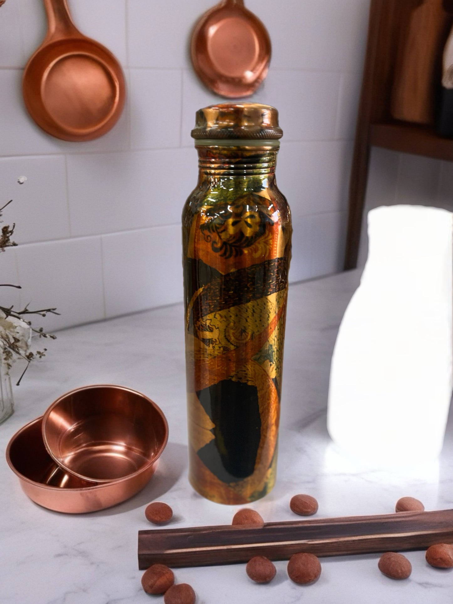 Printed Pure Copper Water Bottle 1L – Traditional Pattern Design