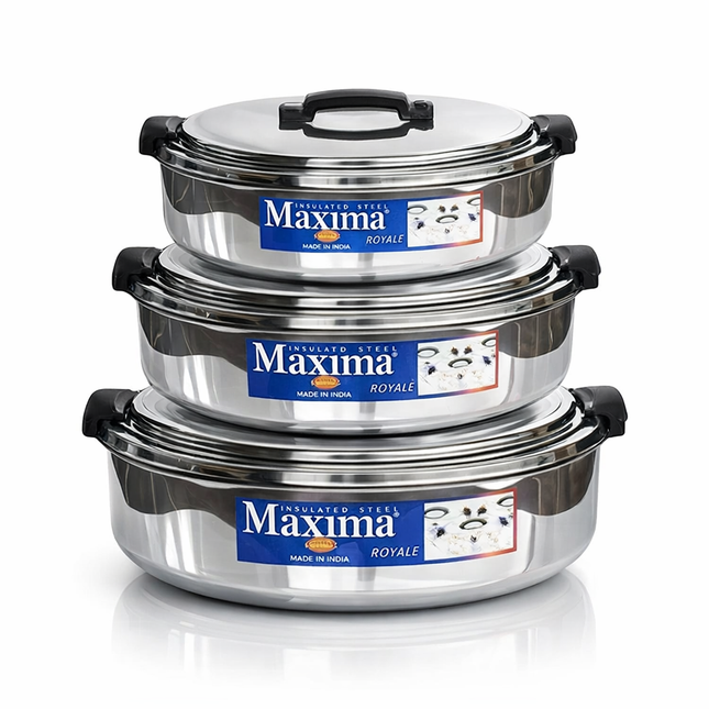 Maxima Stainless Steel Insulated Hot Pot Set 3 Piece  7.5L, 5L, 3.5L Thermal Casserole Food Warmer Set