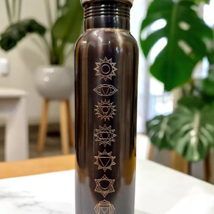 Pure copper 7 chakra water bottle 900 to 950ml with dark glossy copper finish