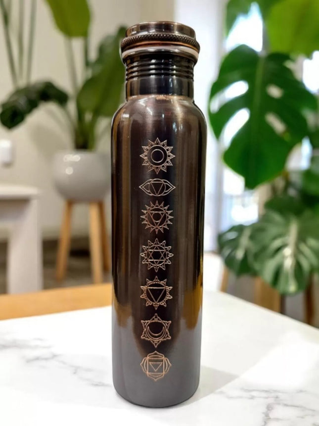 Pure copper 7 chakra water bottle 900 to 950ml with dark glossy copper finish