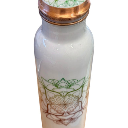 Pure copper white mandala water bottle with printed exterior and copper lid