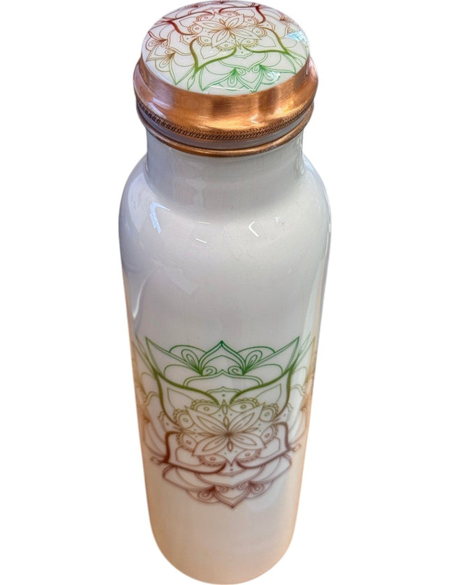Pure copper white mandala water bottle with printed exterior and copper lid